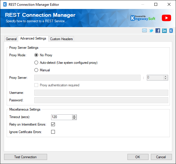 SSIS YouTube Analytics Connection Manager - Advanced Settings